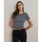 tシャツ ストライプド ボタントリム リブニット Tシャツ レディース