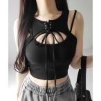キャミソール 「 2color 」レースアップリボンカットアウトリブショートタンク / laceup ribbon cutout rib short