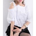 tシャツ シルバープリント肩魅せレースリボンワンショルダーカットソートップス レディース