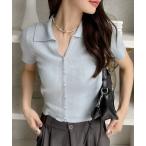 ニット セーター リブ編み 半袖 開襟 襟付き フロントボタン サマーニット レディース