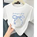 tシャツ リボンパッチワーク半袖Tシャツ レディース
