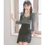 ワンピース 韓国ファッション ワンピース チェック柄 ウエスト切替 襟付き 七分袖 裾プリーツ フレアミニ キャバドレス (Sサイズ〜Lサイズ)