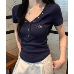 tシャツ スタッズ釦Vネック半袖トップス レディース