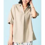 ブラウス シャツ 袖タック麻調素材スキッパーブラウス レディース