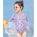 水着 キッズ水着 長袖フラワープリントフリルオールインワン水着+キャップ 2点セット キッズ 子供 女の子