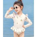 水着 キッズ水着 長袖フリル総柄オールインワン水着+キャップ 2点セット キッズ 子供 女の子