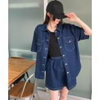 セットアップ 半袖デニムオーバーシャツ×ショートパンツ　2点SET レディース