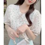 ブラウス シャツ 花柄パフスリーブレーストップス レディース
