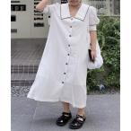 シャツワンピース 配色ライン　麻綿シャツワンピース