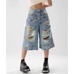 ショッピングレディ 夏 ジーンズ デニム デニムパンツ ダブルウエスト クラッシュ ハーフデニムパンツ レディース