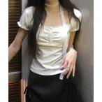 tシャツ レースチョーカー付き胸ギャザートップス レディース