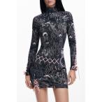 ワンピース 「Desigual×Maria Escote」ゴシック柄ハイネックレースアップミニドレス
