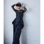 パンツドレス 3piece シアーチェックビスチェ&タックワイドパンツ セットアップ