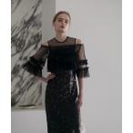 ドレス 「LEJA」チュールフリルオフショルダースパンコールIラインドレスワンピース2点セット美脚効果結婚式 パーティードレス 成人式 二次会 同窓会