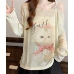 ニット セーター ネコプリント シアーニット 長袖 レディース