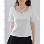 tシャツ レディース デコルテきれい魅せ。半袖クロスネックリブトップス レディース
