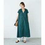 ワンピース 「手洗い可能」フラワープリントネックギャザーワンピース