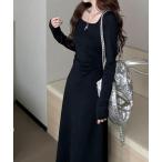 ワンピース シフォンプリーツスリーブ　サイドシャーリングリボンワンピース