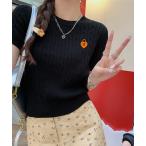 ニット セーター ワンポイントロゴ刺繍半袖サマーニットトップス レディース
