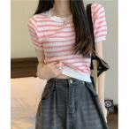 ニット セーター WEGO/ボーダーサマーニットクロップド丈トップス/Tシャツ レディース