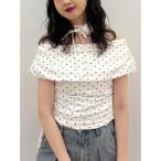 tシャツ コサージュオフショルトップス ドット柄 レディース