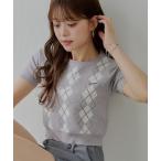 ニット セーター アーガイル半袖チビニット レディース