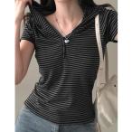 tシャツ フード付きボーダー柄半袖トップス レディース