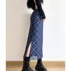 スカート 「春夏新作」バイアスチェック柄サイドスリット入りロングスカート