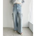 ジーンズ デニム デニムパンツ 「ウエストサイズ調整可能」カットアウトリボンワイドデニムパンツ/SMサイズ レディース
