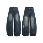 ショッピングダメージ ジーンズ クラッシュ加工ワイドカーブデニムパンツ　ダメージ加工 メンズ レディース