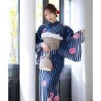 浴衣 浴衣セット レディース 綿麻 紺地 白ストライプ 鞠デザイン 大人綺麗 ゆかた3点セット (浴衣 作り帯 下駄) かわいい レディース