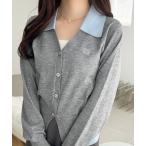 カーディガン 「mily bilet」着るだけ完成、コーデ迷子にさよなら♪胸刺繍ダブルカラーレイヤードニットカーディガン（長袖） レディース