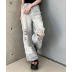 ジーンズ デニム デニムパンツ レースパッチワークダメージデニムパンツ レディース