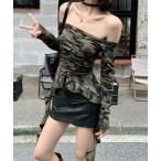 tシャツ オフショルダー迷彩柄フリルトップス レディース
