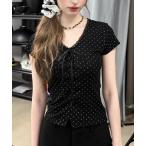tシャツ ラメドットレースアップリボントップス レディース