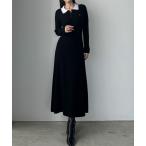 ワンピース ロゴ刺繍ニットポロフレアワンピース「高身長サイズMT/低身長サイズS有り」