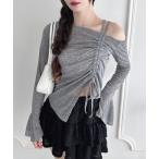 tシャツ ワンオフショルダーギャザーリボンシアートップス レディース