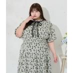 ワンピース 「大きいサイズ」配色リボン付きティアード半袖ワンピース