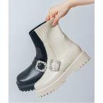 ブーツ 「S-LLサイズ展開・軽量」ビジューバックルニットショートブーツ IZ5770 レディース