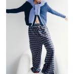 パンツ ウエストフリルチェックワイドパンツ レディース