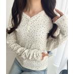 tシャツ 「mily bilet」華やかさと可愛さを1枚で。花柄レース使い袖ギャザーヘンリーカットソー レディース