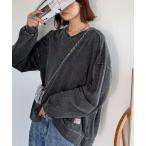 ショッピングＴシャツ tシャツ 「JaVaジャバコラボ」ヴィンテージライクな質感でトレンド感をプラス♪ 綿100%裾JaVaVネック切り替え裏毛ロンT レディース