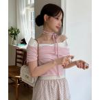 tシャツ オフショルシャツタイ付き半袖Tシャツ レディース