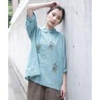 ブラウス シャツ 先染めシャンブレー　ミモザ＆ドット刺繍コクーンスリーブブラウス レディース