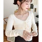ショッピングレース ニット セーター 12Gフロントレースギャザーリブニットトップス レディース