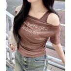 tシャツ ムラ染めオフショルレイヤードロゴトップス レディース