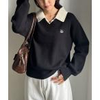 ショッピング刺繍 ニット セーター ワンポイント刺繍レイヤード襟付きポロニット レディース