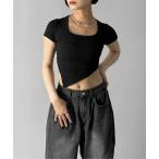 tシャツ 「LVEU.」アシンメトリーサマーニットトップス / トップス リブ サマーニット 半袖 アシメ アシンメトリー Uネック 肌見せ ストレッ