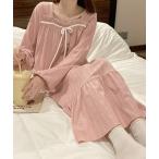 パジャマ ルームウェア リボン付き長袖ロングワンピース ルームワンピース 韓国ルームウェア レディース