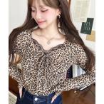 tシャツ レオパードプリントフロントレースギャザーリボン長袖トップス レディース